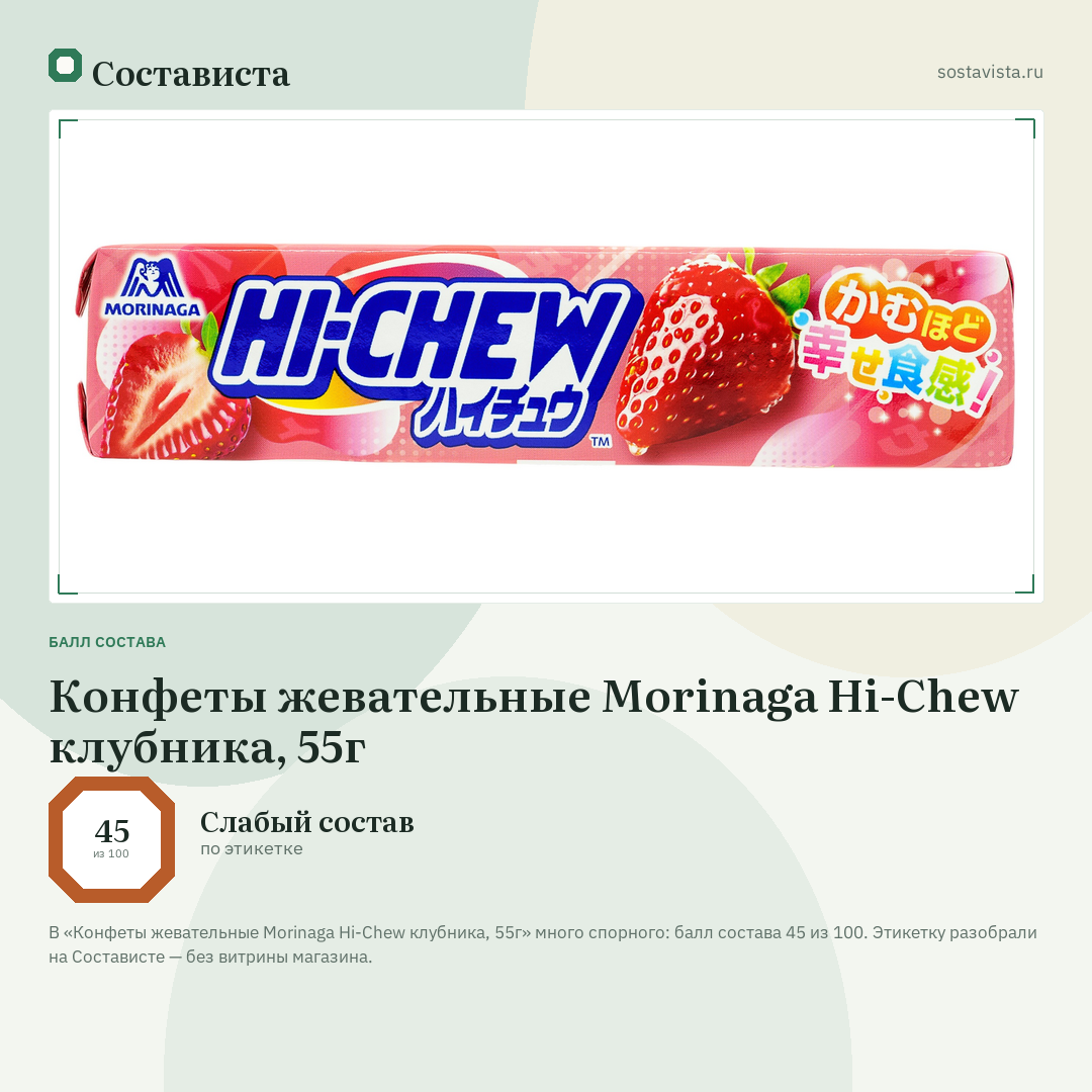 Конфеты жевательные Morinaga Hi-Chew клубника, 55г: балл состава 45 из 100 — Состависта