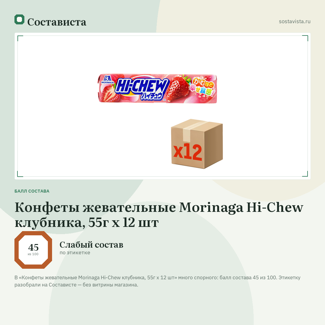 Конфеты жевательные Morinaga Hi-Chew клубника, 55г x 12 шт: балл состава 45 из 100 — Состависта