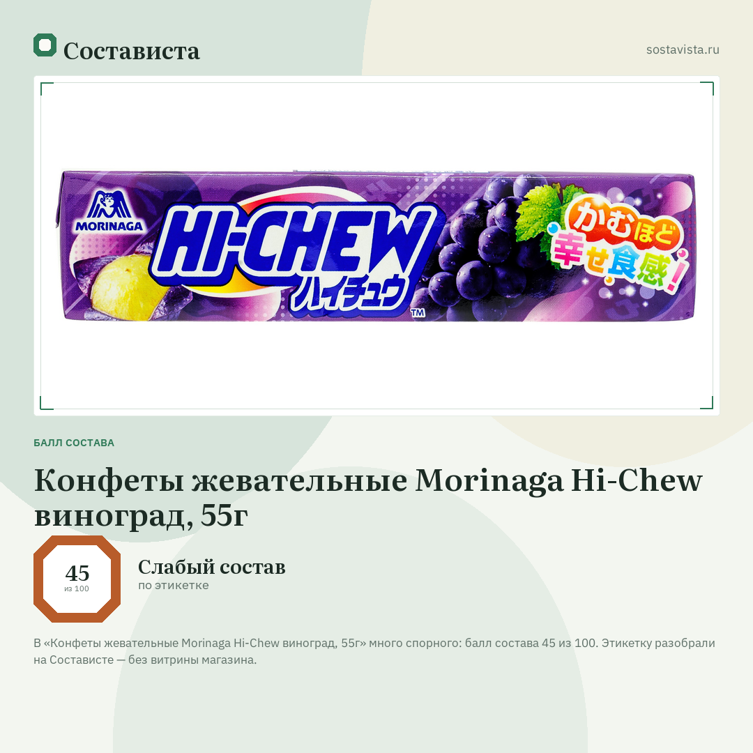 Конфеты жевательные Morinaga Hi-Chew виноград, 55г: балл состава 45 из 100 — Состависта