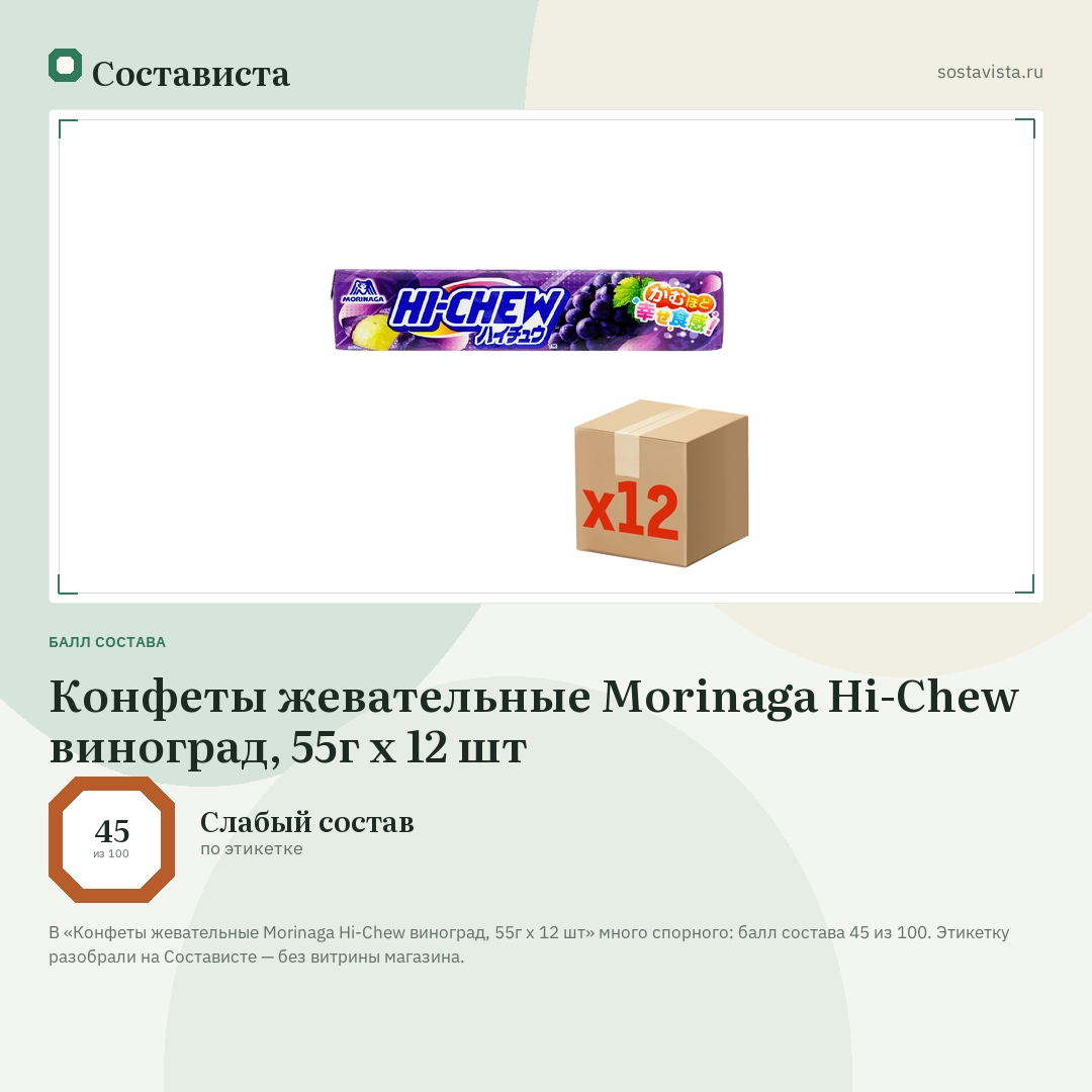 Конфеты жевательные Morinaga Hi-Chew виноград, 55г x 12 шт: балл состава 45 из 100 — Состависта
