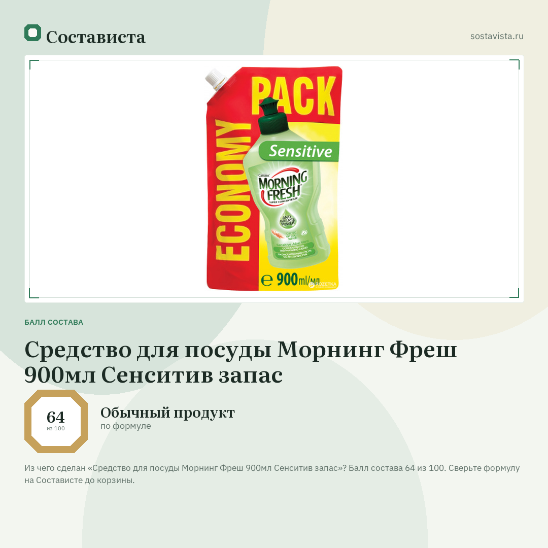 Средство для посуды Морнинг Фреш 900мл Сенситив запас: балл состава 64 из 100 — Состависта