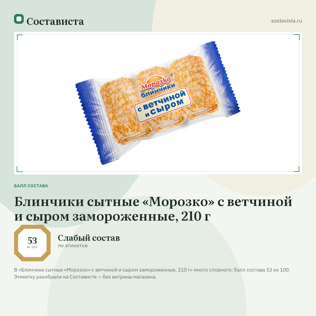 Блинчики сытные «Морозко» с ветчиной и сыром замороженные, 210 г: балл состава 53 из 100 — Состависта