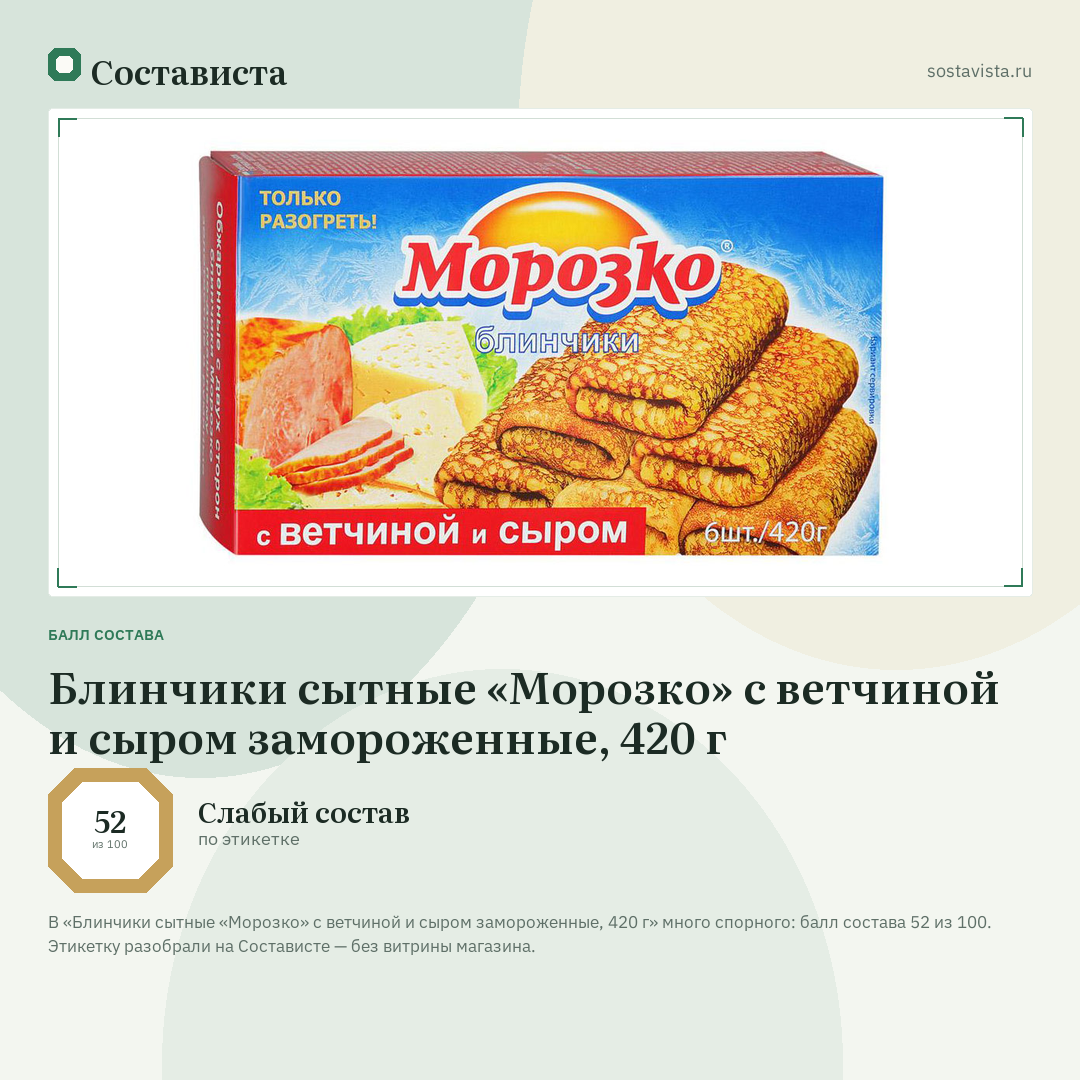 Блинчики сытные «Морозко» с ветчиной и сыром замороженные, 420 г: балл состава 52 из 100 — Состависта
