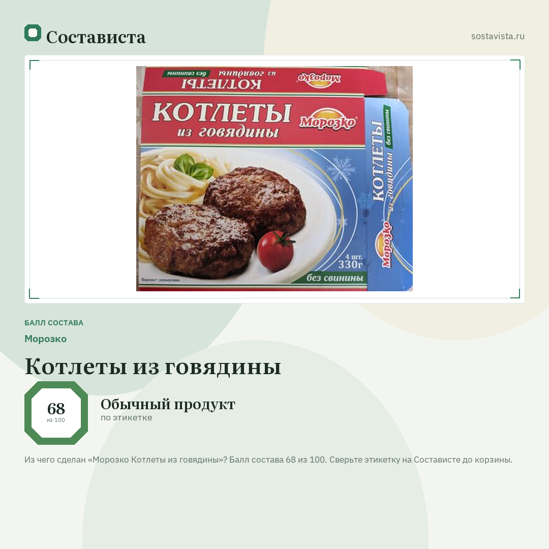 Морозко Котлеты из говядины: балл состава 68 из 100 — Состависта