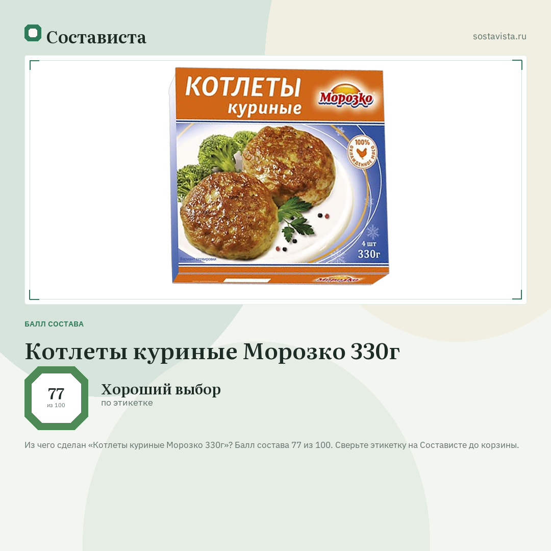 Котлеты куриные Морозко 330г: балл состава 77 из 100 — Состависта