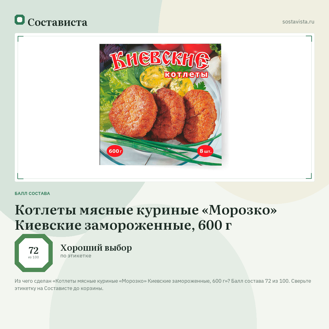 Котлеты мясные куриные «Морозко» Киевские замороженные, 600 г: балл состава 72 из 100 — Состависта