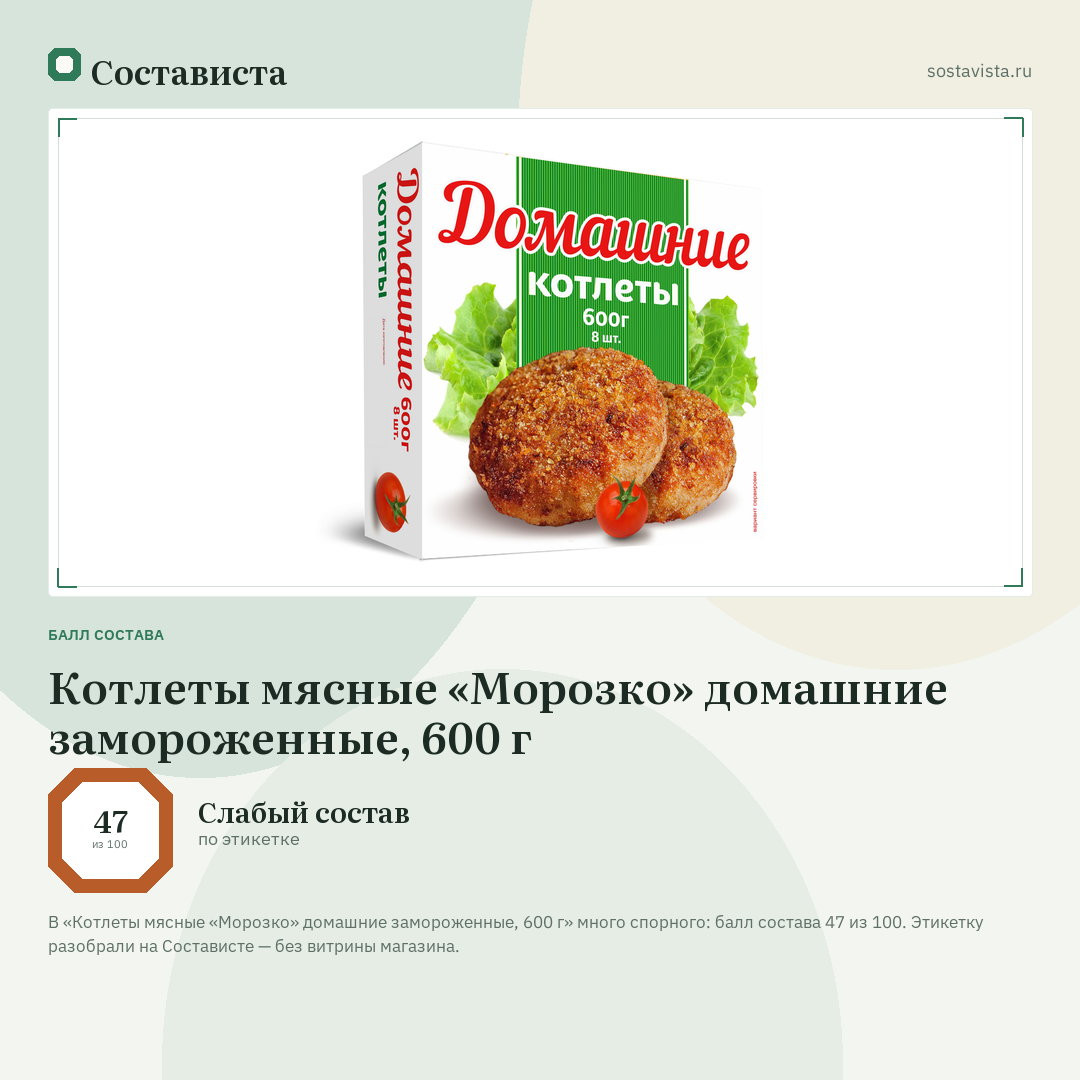 Котлеты мясные «Морозко» домашние замороженные, 600 г: балл состава 47 из 100 — Состависта