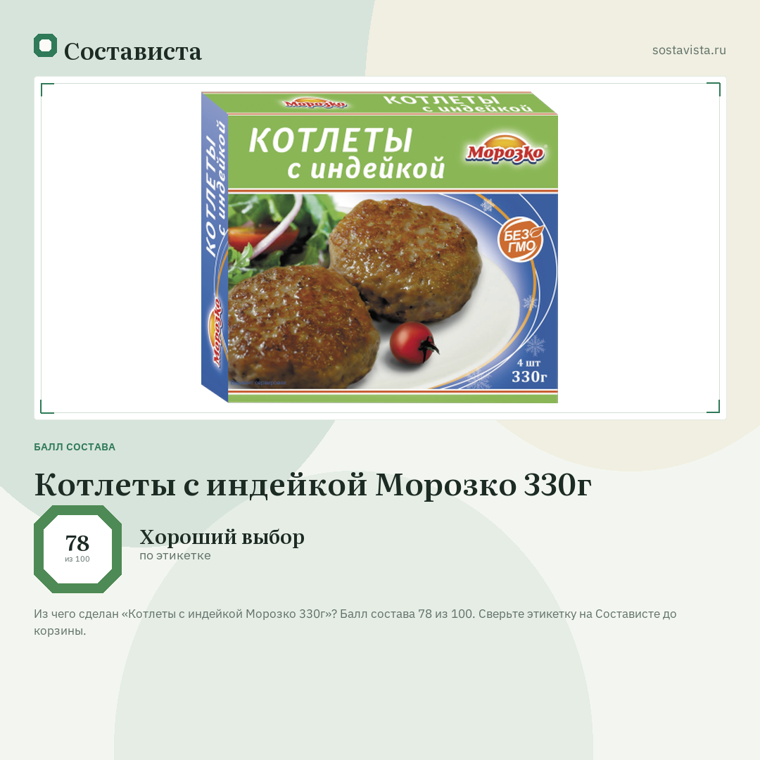 Котлеты с индейкой Морозко 330г: балл состава 78 из 100 — Состависта