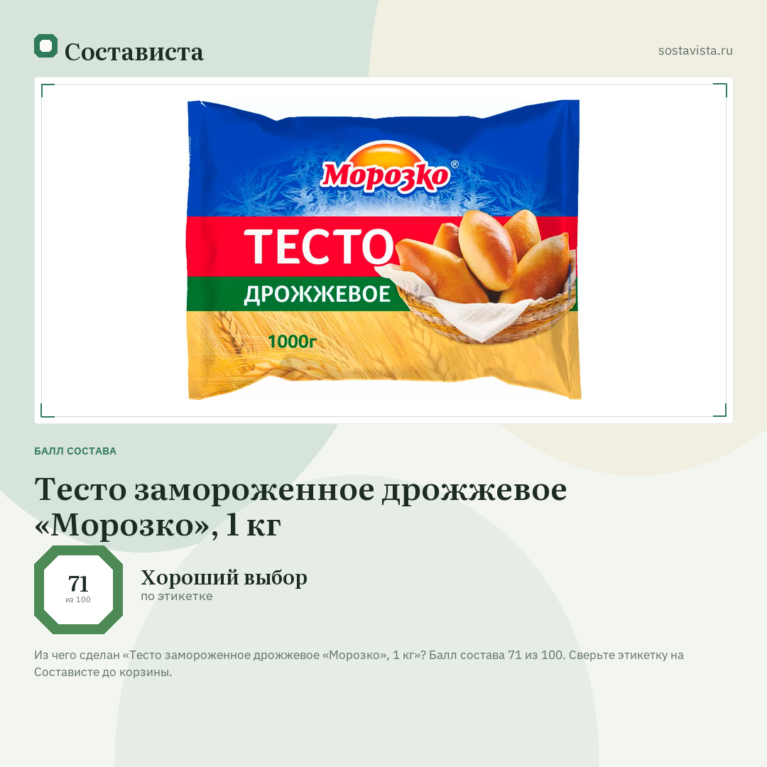 Тесто замороженное дрожжевое «Морозко», 1 кг: балл состава 71 из 100 — Состависта