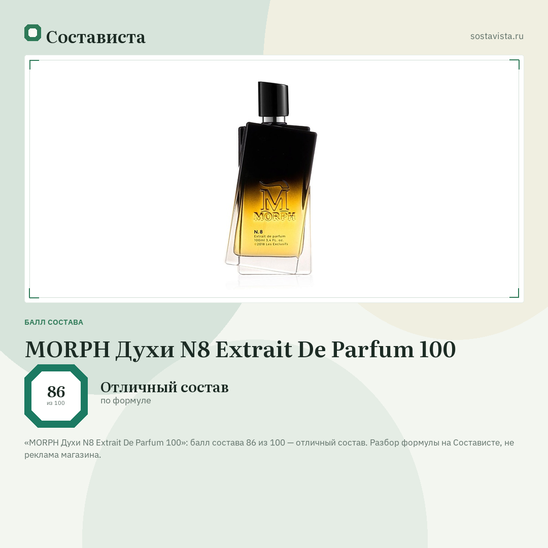MORPH Духи N8 Extrait De Parfum 100: балл состава 86 из 100 — Состависта