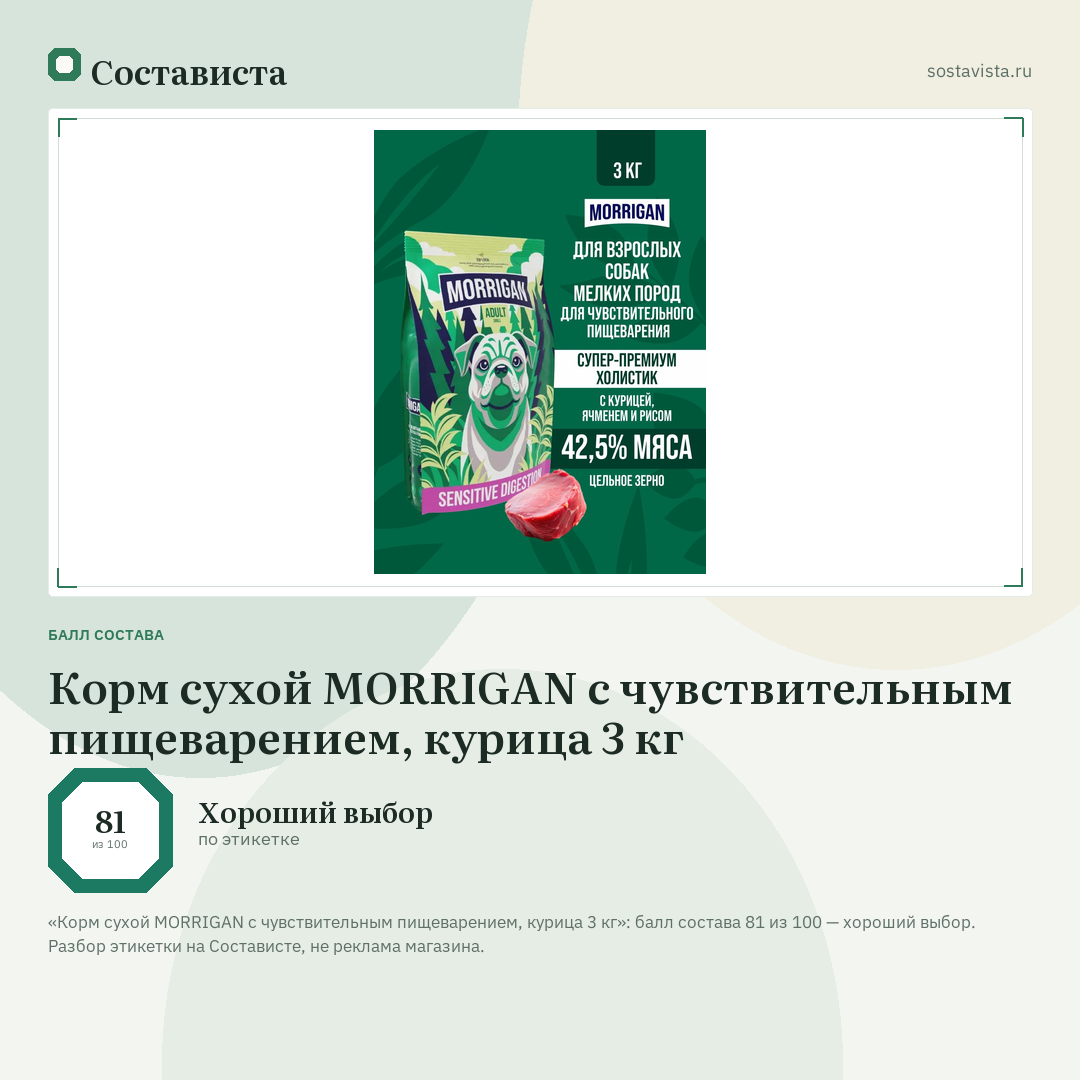 Корм сухой MORRIGAN с чувствительным пищеварением, курица 3 кг: балл состава 81 из 100 — Состависта