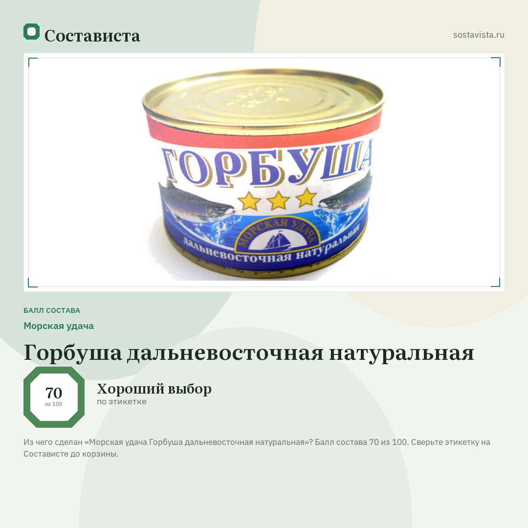 Морская удача Горбуша дальневосточная натуральная: балл состава 70 из 100 — Состависта