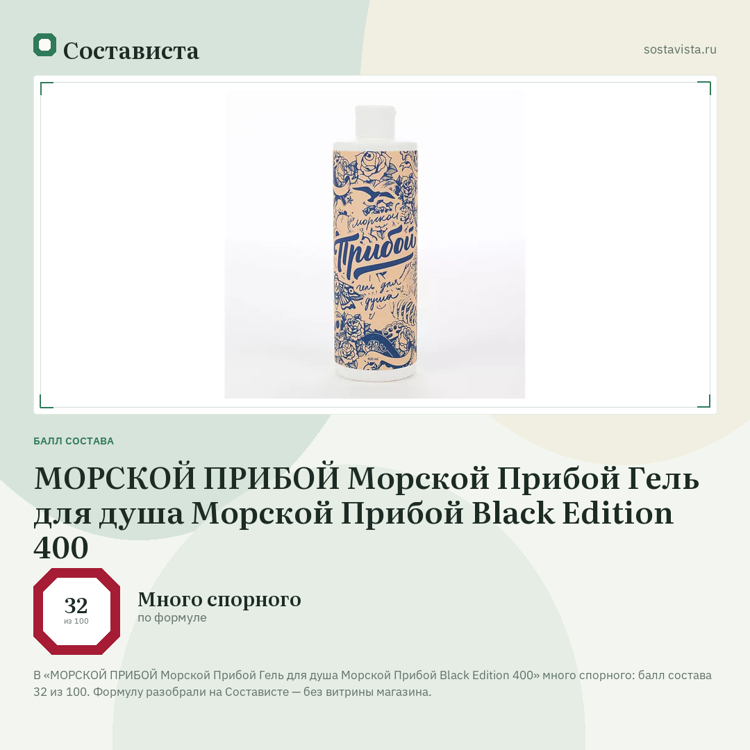 МОРСКОЙ ПРИБОЙ Морской Прибой Гель для душа Морской Прибой Black Edition 400: балл состава 32 из 100 — Состависта