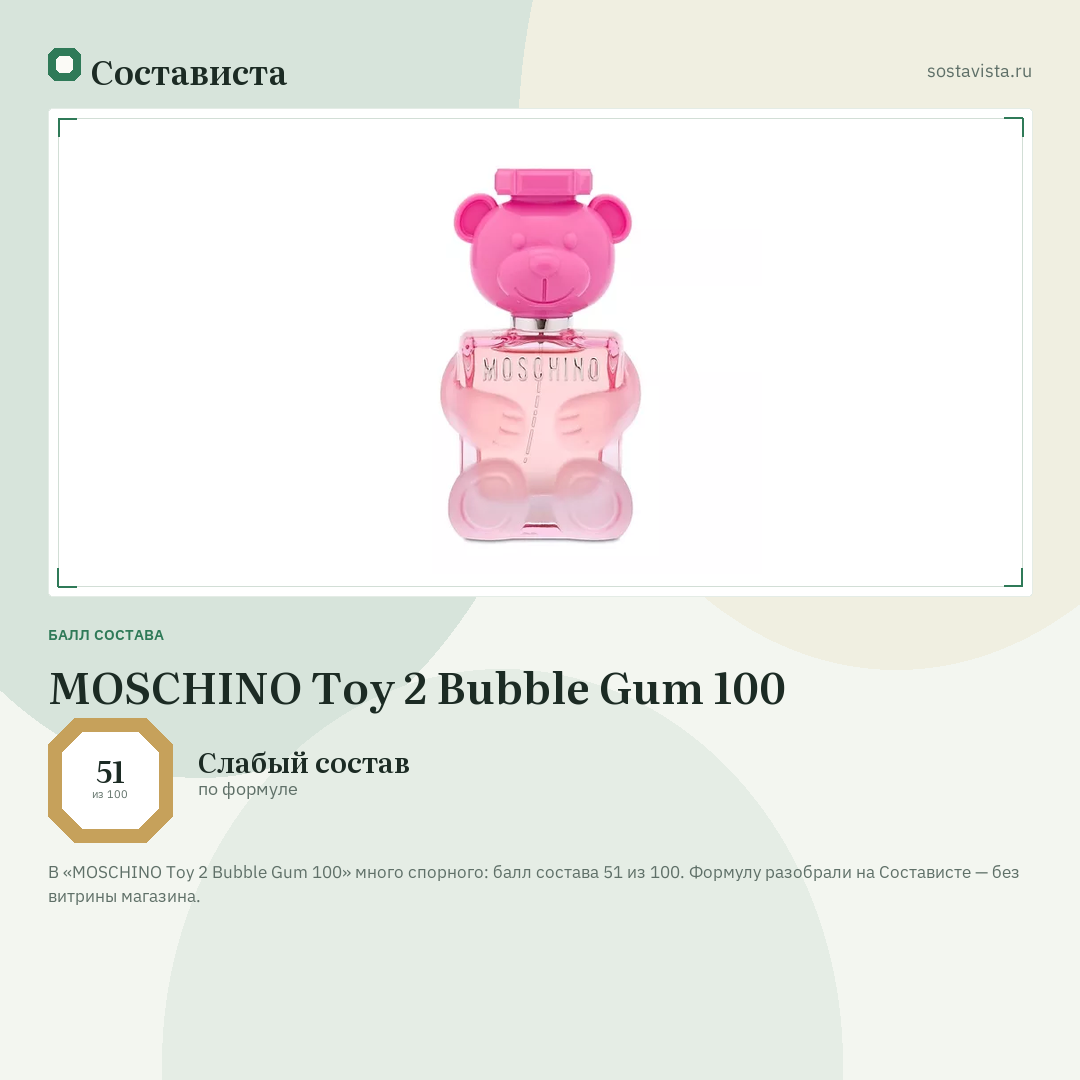 MOSCHINO Toy 2 Bubble Gum 100: балл состава 51 из 100 — Состависта