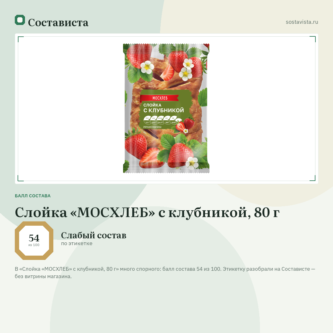 Слойка «МОСХЛЕБ» с клубникой, 80 г: балл состава 54 из 100 — Состависта