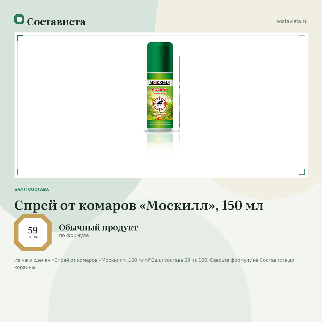 Спрей от комаров «Москилл», 150 мл: балл состава 59 из 100 — Состависта