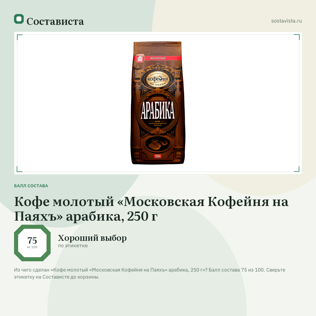 Кофе молотый «Московская Кофейня на Паяхъ» арабика, 250 г: балл состава 75 из 100 — Состависта