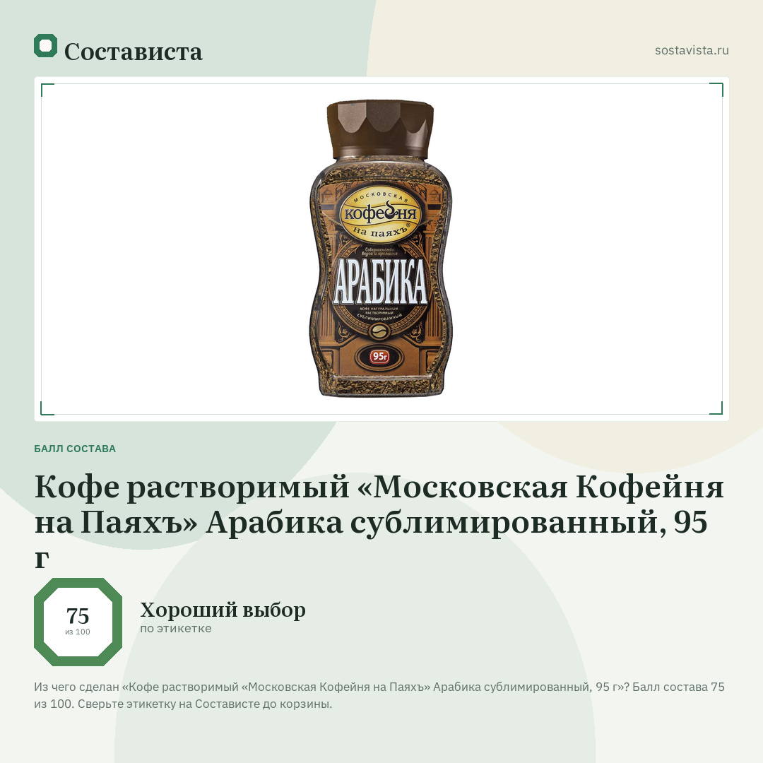 Кофе растворимый «Московская Кофейня на Паяхъ» Арабика сублимированный, 95 г: балл состава 75 из 100 — Состависта