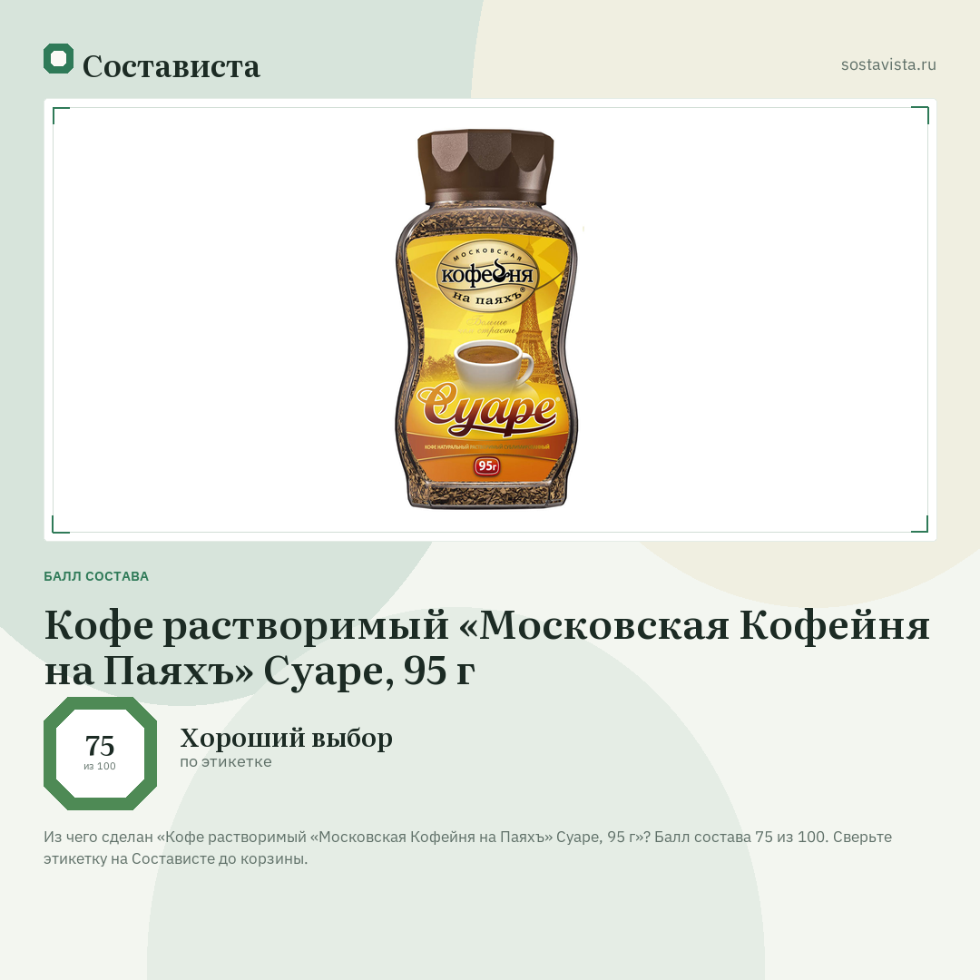 Кофе растворимый «Московская Кофейня на Паяхъ» Суаре, 95 г: балл состава 75 из 100 — Состависта