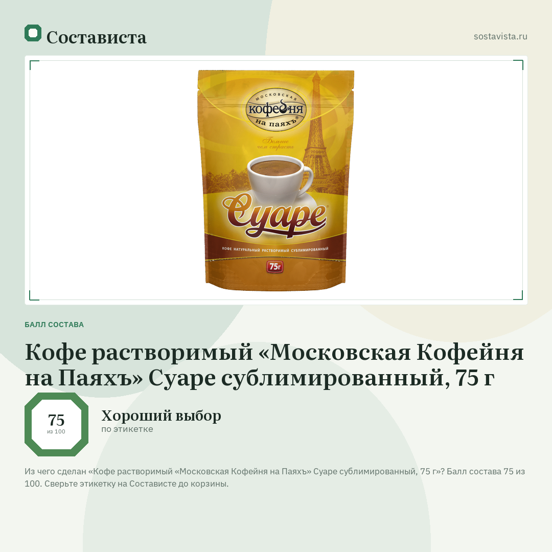 Кофе растворимый «Московская Кофейня на Паяхъ» Суаре сублимированный, 75 г: балл состава 75 из 100 — Состависта