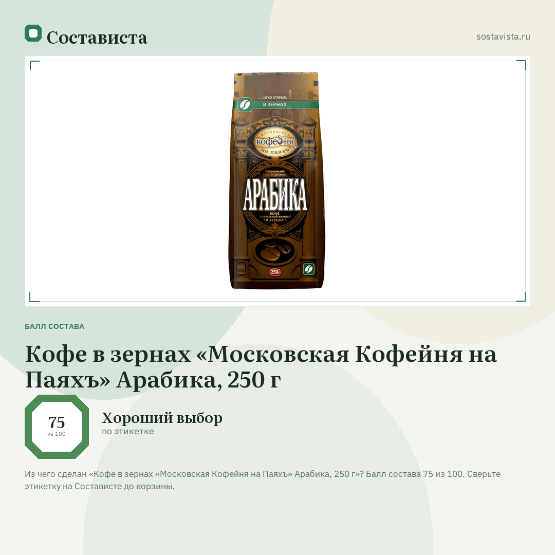 Кофе в зернах «Московская Кофейня на Паяхъ» Арабика, 250 г: балл состава 75 из 100 — Состависта