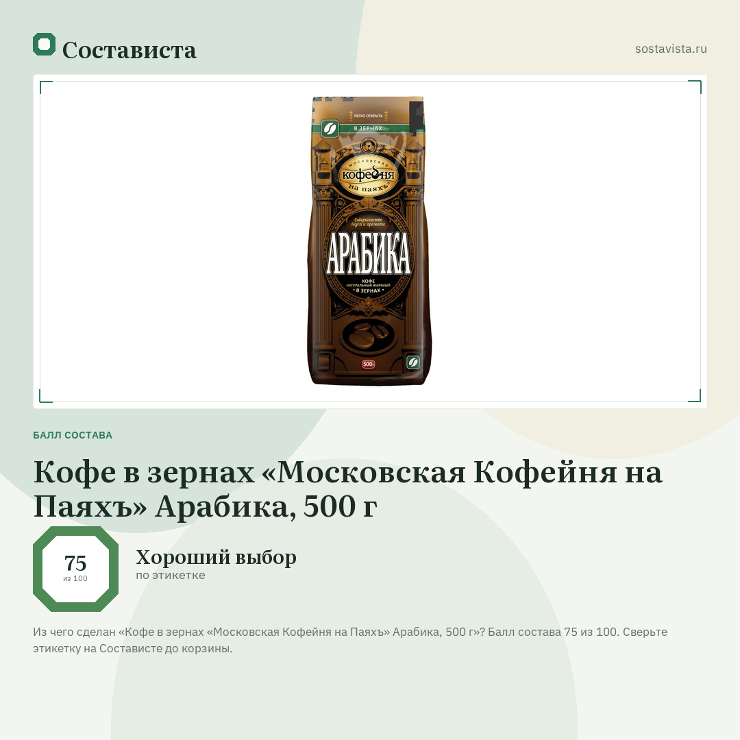 Кофе в зернах «Московская Кофейня на Паяхъ» Арабика, 500 г: балл состава 75 из 100 — Состависта