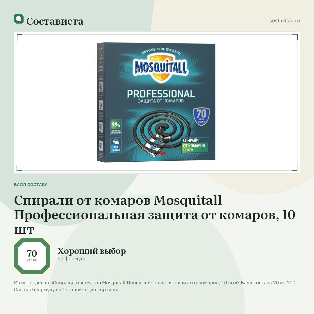 Спирали от комаров Mosquitall Профессиональная защита от комаров, 10 шт: балл состава 70 из 100 — Состависта