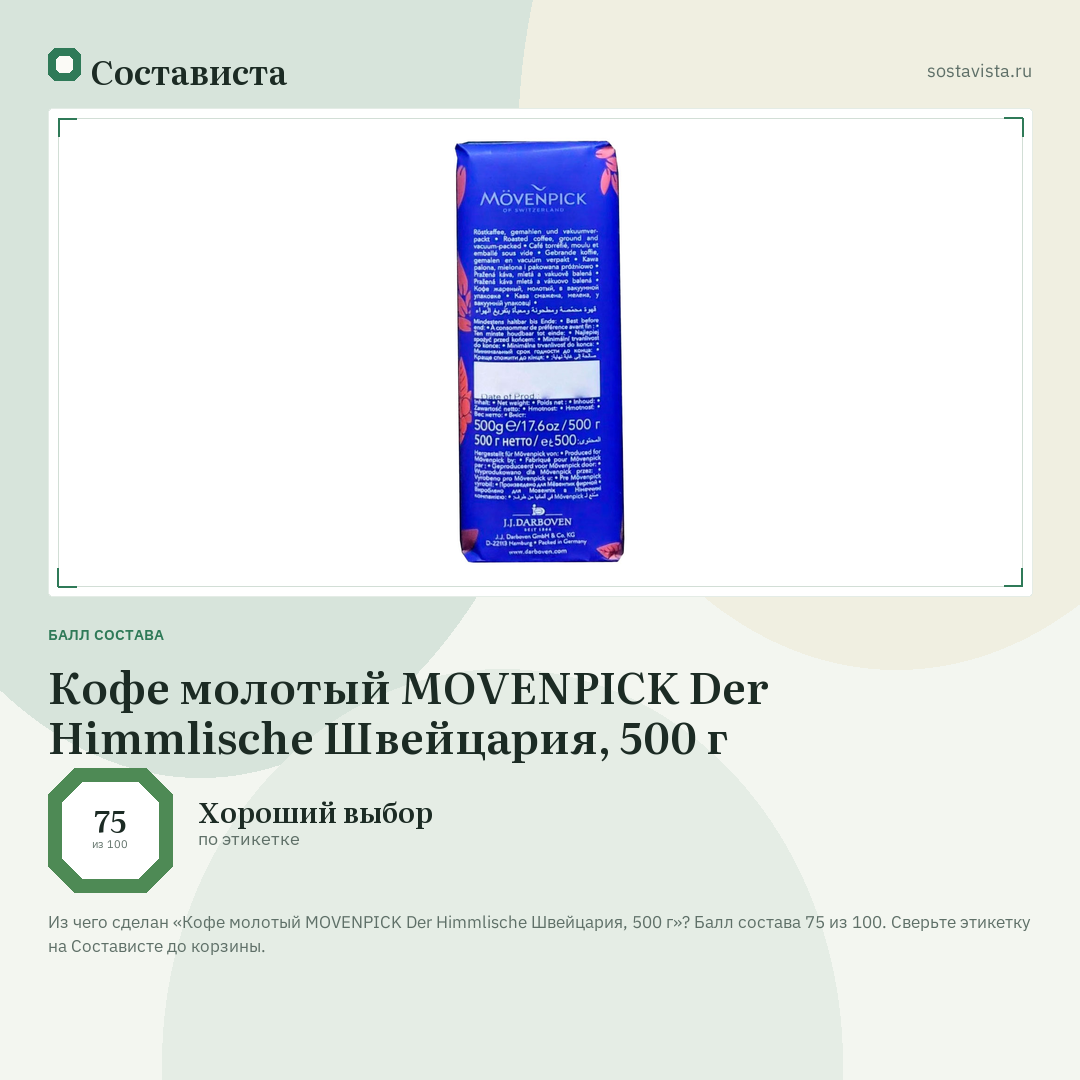 Кофе молотый MOVENPICK Der Himmlische Швейцария, 500 г: балл состава 75 из 100 — Состависта