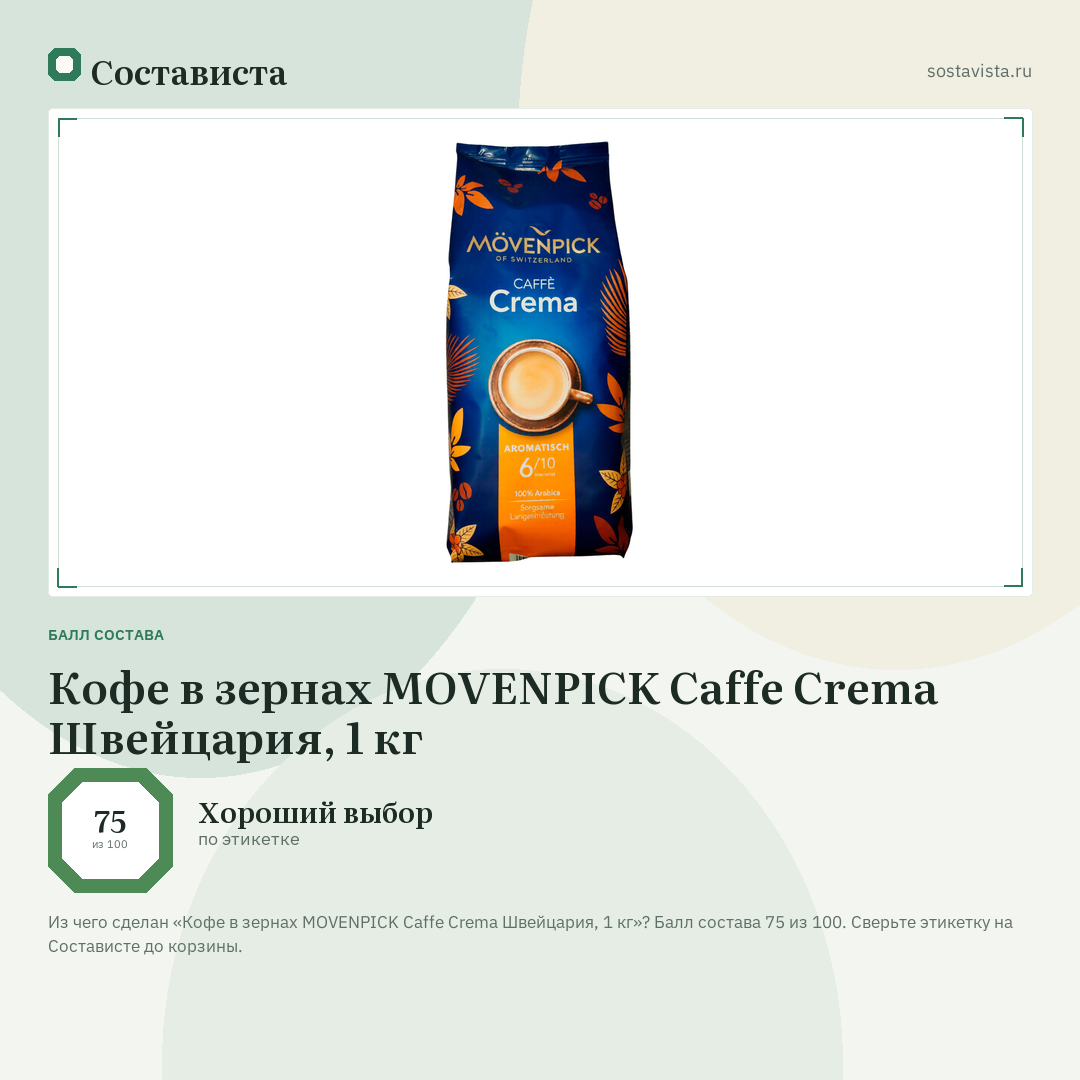 Кофе в зернах MOVENPICK Caffe Crema Швейцария, 1 кг: балл состава 75 из 100 — Состависта