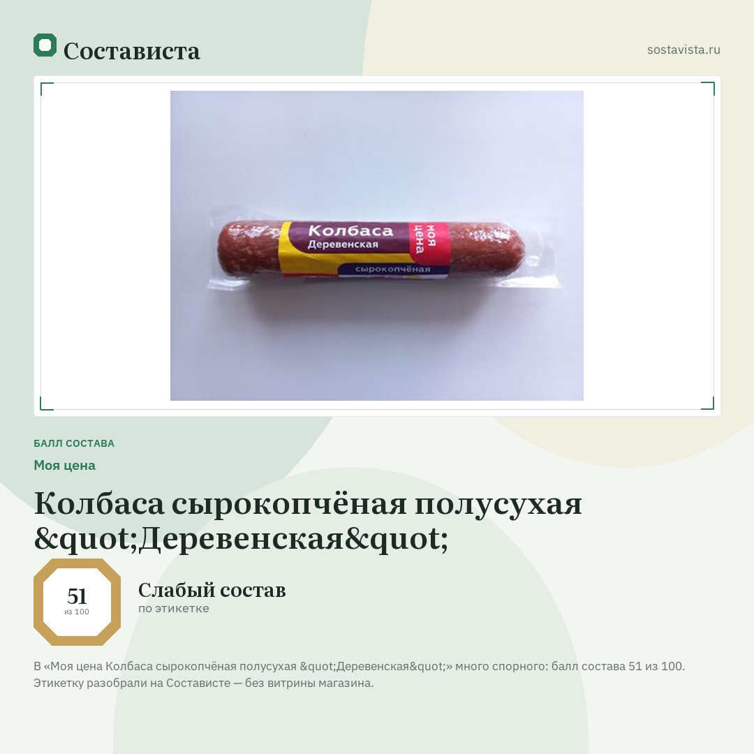 Моя цена Колбаса сырокопчёная полусухая "Деревенская": балл состава 51 из 100 — Состависта