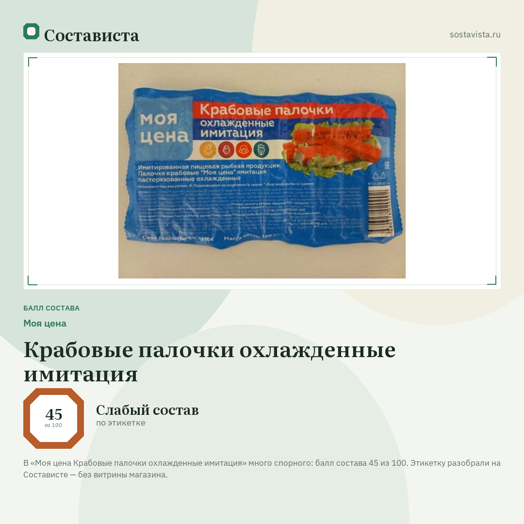Моя цена Крабовые палочки охлажденные имитация: балл состава 45 из 100 — Состависта