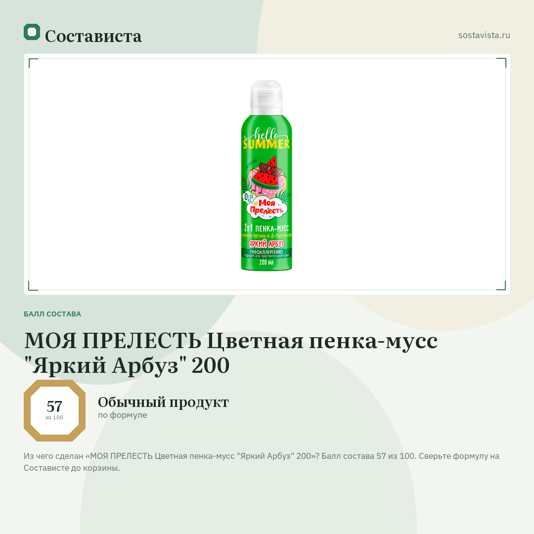 МОЯ ПРЕЛЕСТЬ Цветная пенка-мусс "Яркий Арбуз" 200: балл состава 57 из 100 — Состависта