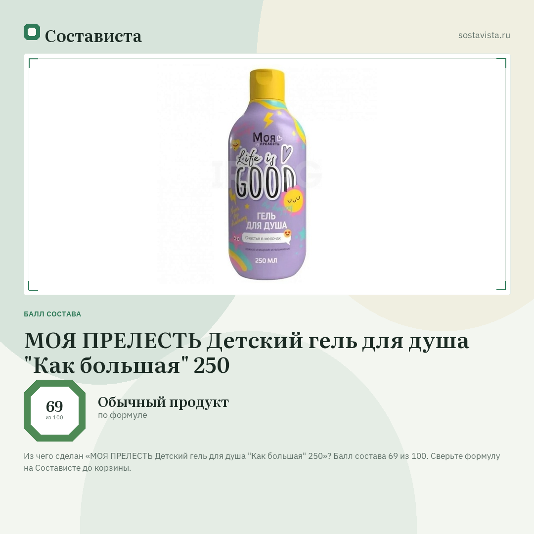 МОЯ ПРЕЛЕСТЬ Детский гель для душа "Как большая" 250: балл состава 69 из 100 — Состависта