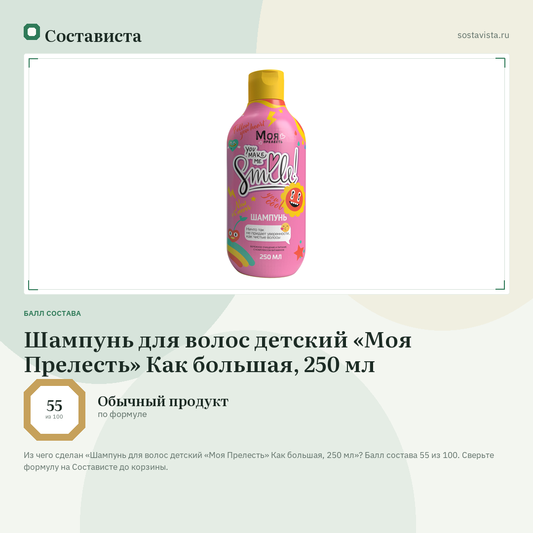 Шампунь для волос детский «Моя Прелесть» Как большая, 250 мл: балл состава 55 из 100 — Состависта