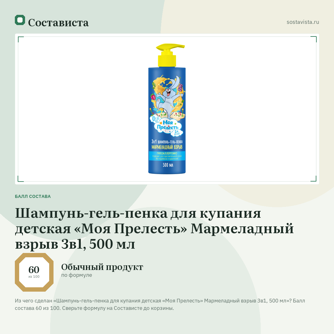 Шампунь-гель-пенка для купания детская «Моя Прелесть» Мармеладный взрыв 3в1, 500 мл: балл состава 60 из 100 — Состависта