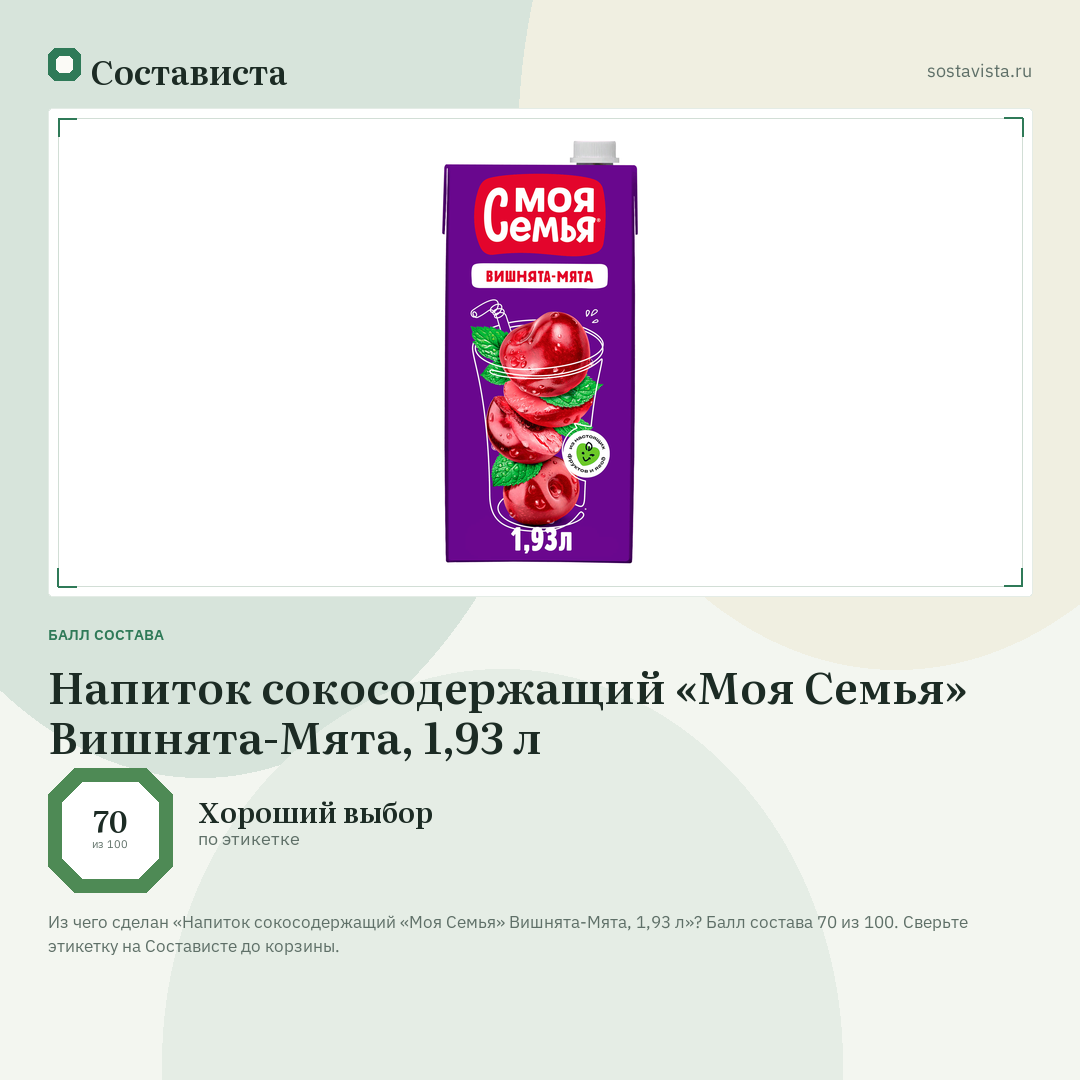 Напиток сокосодержащий «Моя Семья» Вишнята-Мята, 1,93 л: балл состава 70 из 100 — Состависта