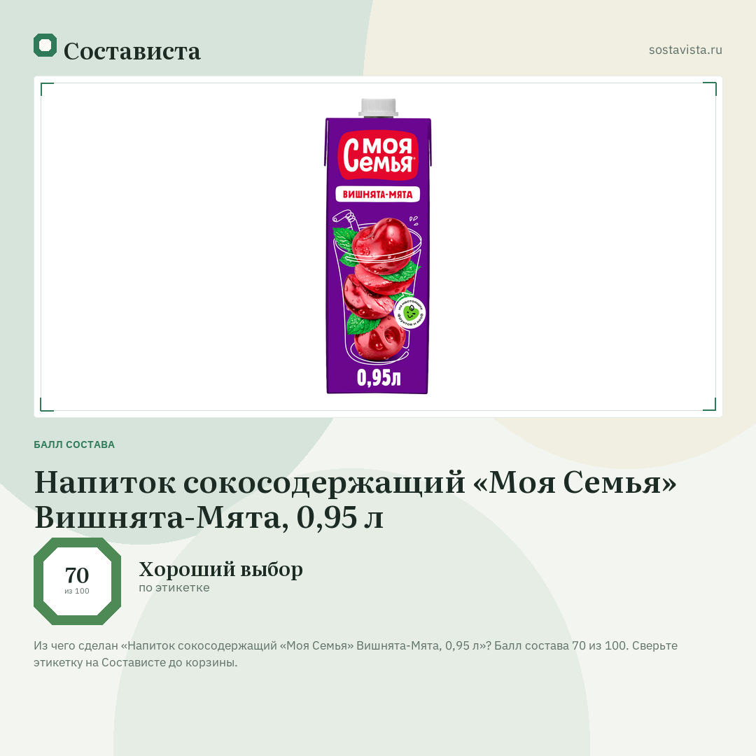 Напиток сокосодержащий «Моя Семья» Вишнята-Мята, 0,95 л: балл состава 70 из 100 — Состависта