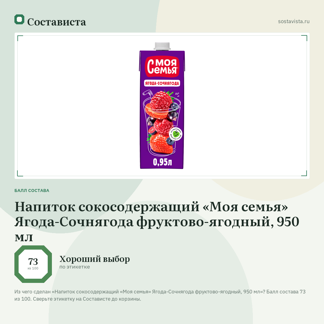 Напиток сокосодержащий «Моя семья» Ягода-Сочнягода фруктово-ягодный, 950 мл: балл состава 73 из 100 — Состависта