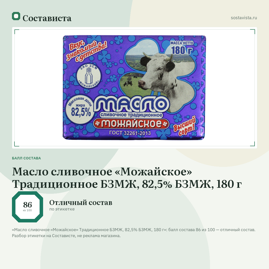 Масло сливочное «Можайское» Традиционное БЗМЖ, 82,5% БЗМЖ, 180 г: балл состава 86 из 100 — Состависта