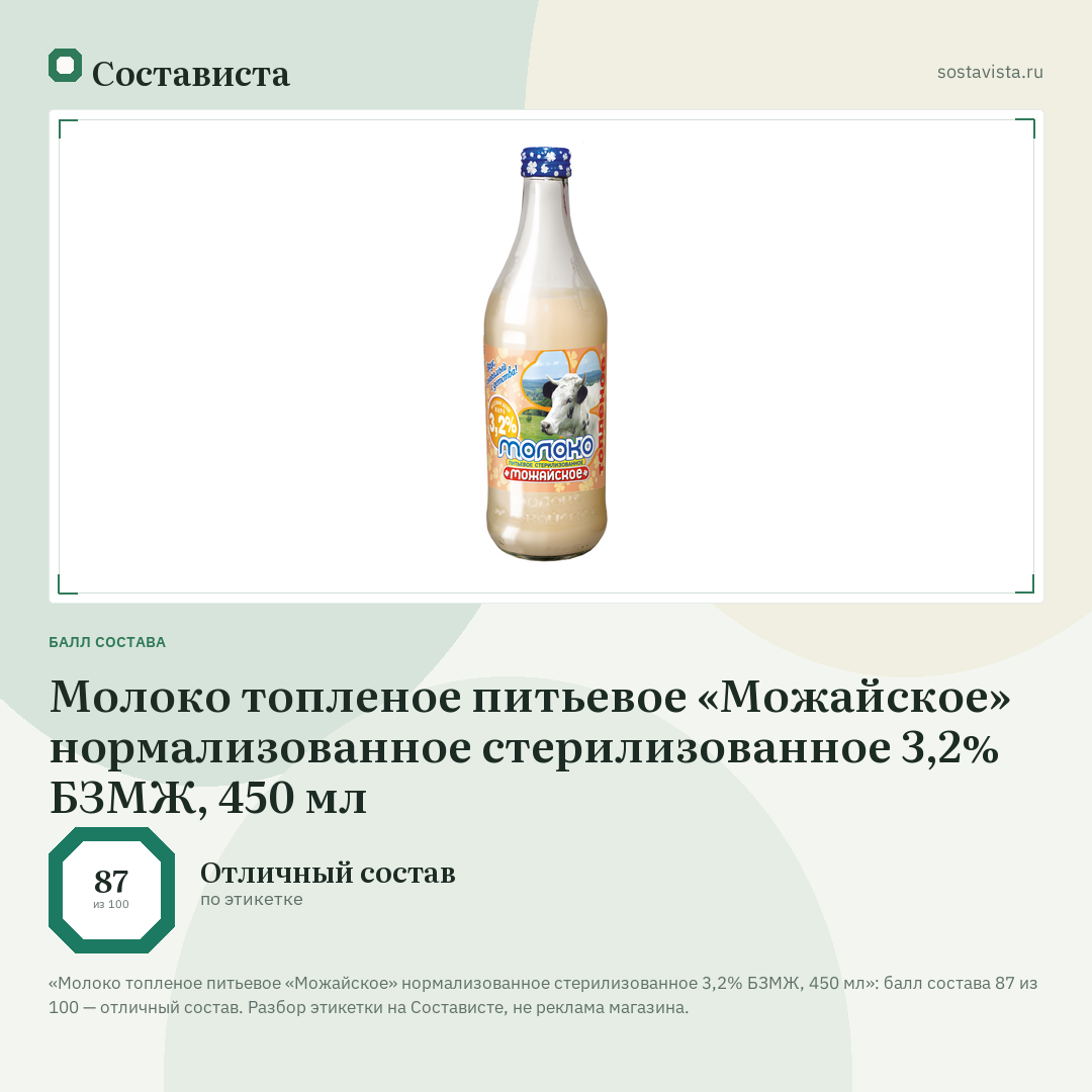 Молоко топленое питьевое «Можайское» нормализованное стерилизованное 3,2% БЗМЖ, 450 мл: балл состава 87 из 100 — Состависта
