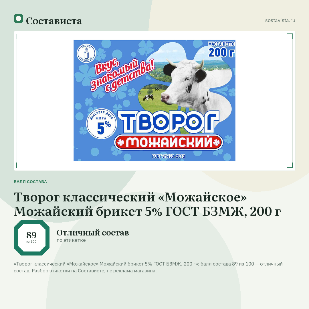 Творог классический «Можайское» Можайский брикет 5% ГОСТ БЗМЖ, 200 г: балл состава 89 из 100 — Состависта