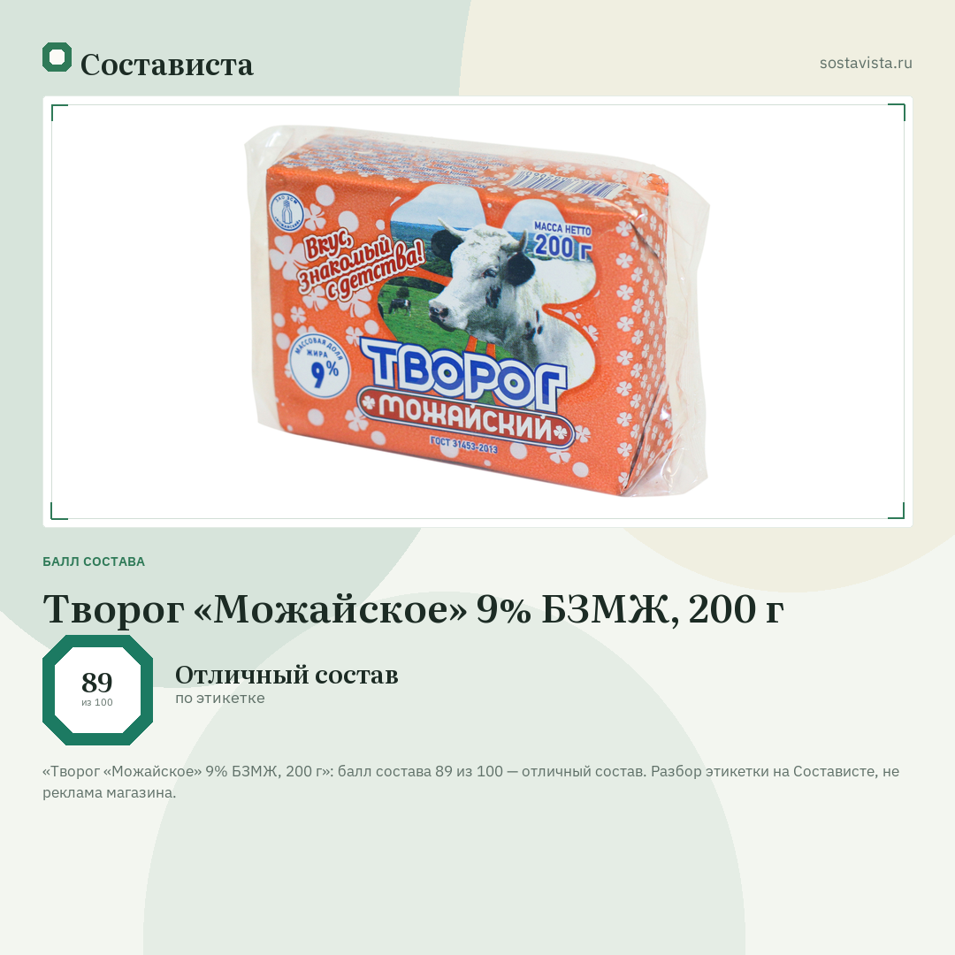 Творог «Можайское» 9% БЗМЖ, 200 г: балл состава 89 из 100 — Состависта