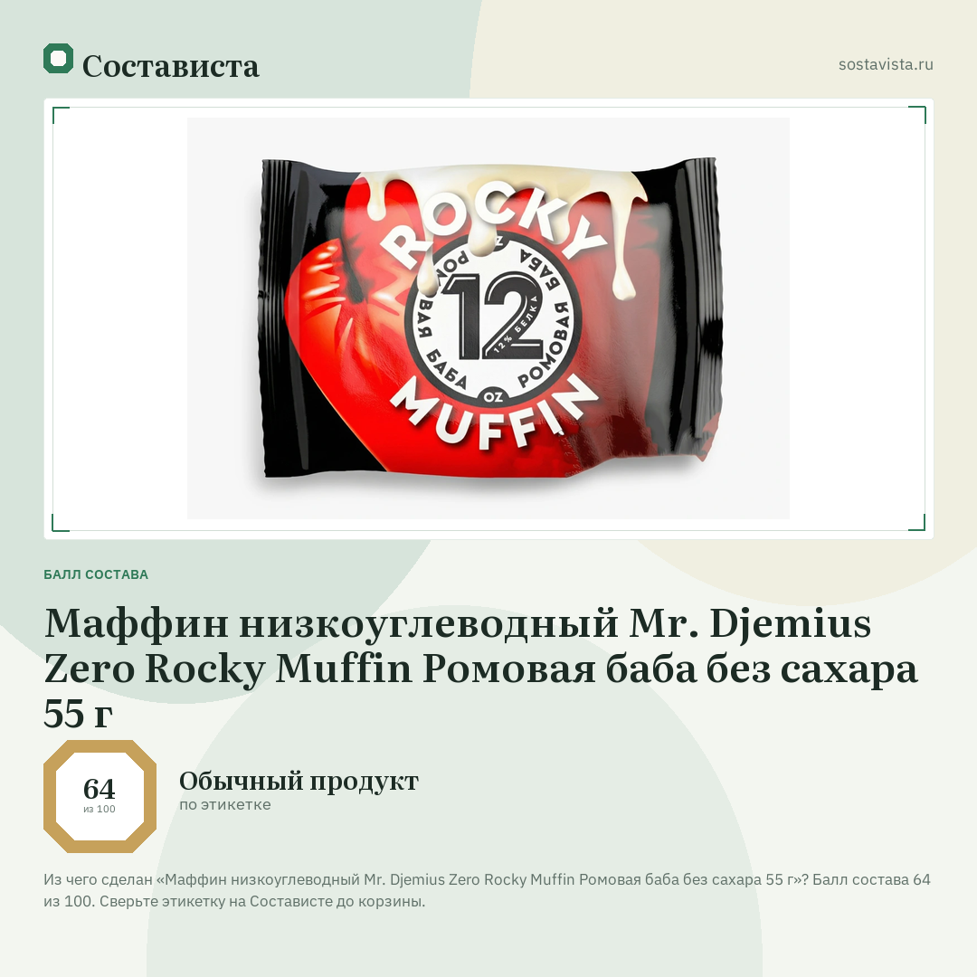 Маффин низкоуглеводный Mr. Djemius Zero Rocky Muffin Ромовая баба без сахара 55 г: балл состава 64 из 100 — Состависта