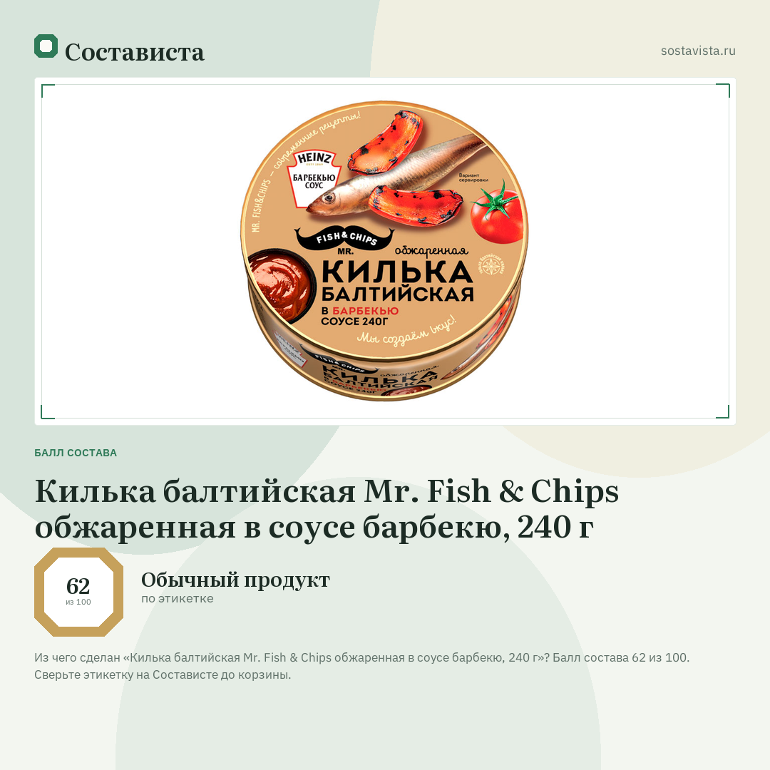 Килька балтийская Mr. Fish & Chips обжаренная в соусе барбекю, 240 г: балл состава 62 из 100 — Состависта