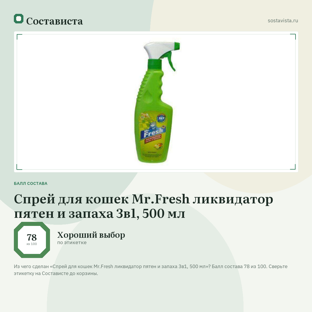 Спрей для кошек Mr.Fresh ликвидатор пятен и запаха 3в1, 500 мл: балл состава 78 из 100 — Состависта