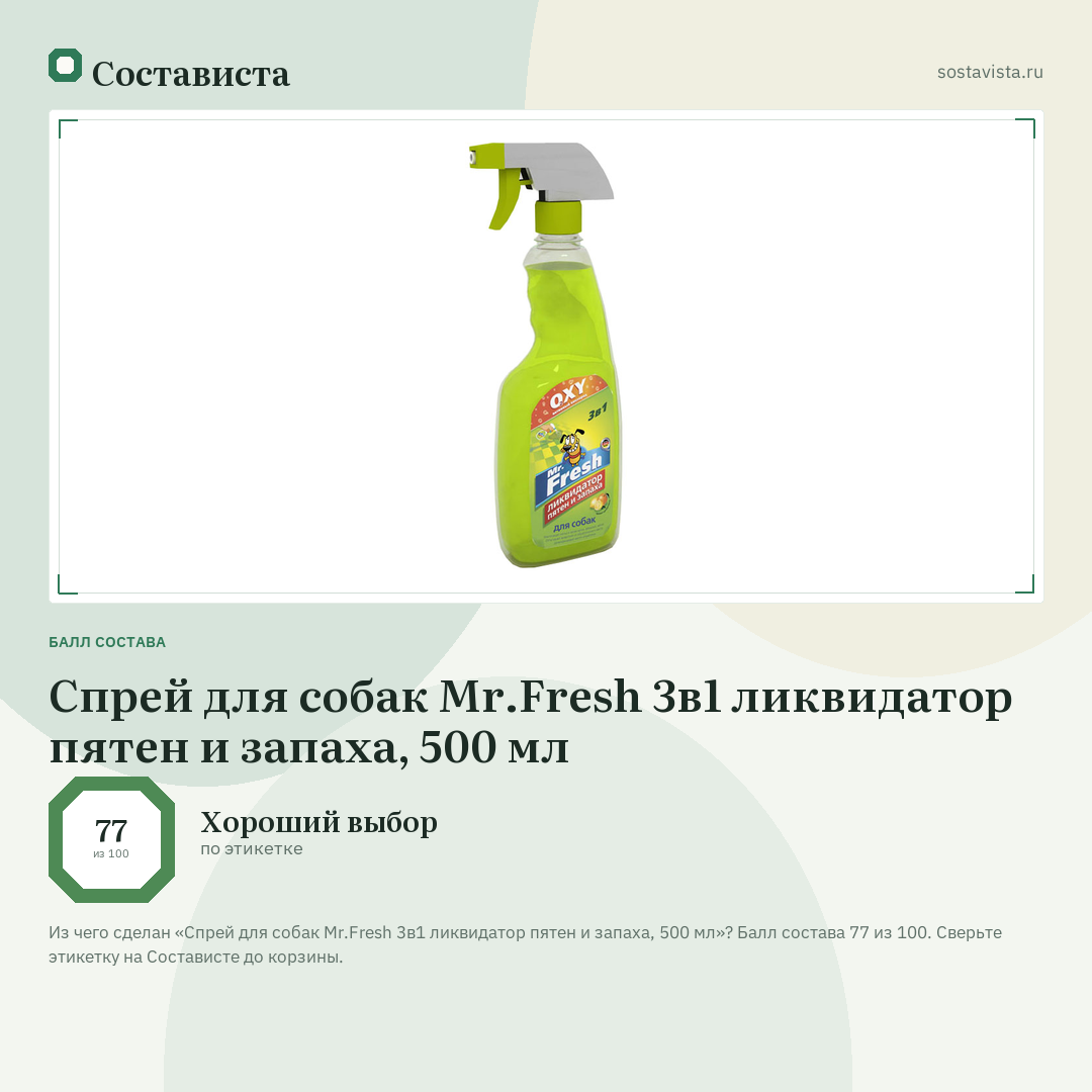 Спрей для собак Mr.Fresh 3в1 ликвидатор пятен и запаха, 500 мл: балл состава 77 из 100 — Состависта