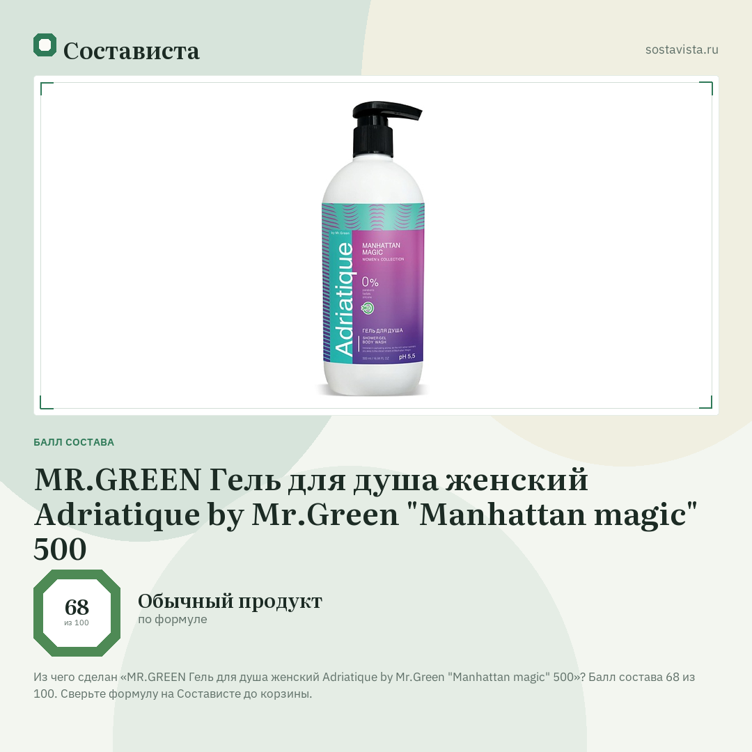 MR.GREEN Гель для душа женский Adriatique by Mr.Green "Manhattan magic" 500: балл состава 68 из 100 — Состависта
