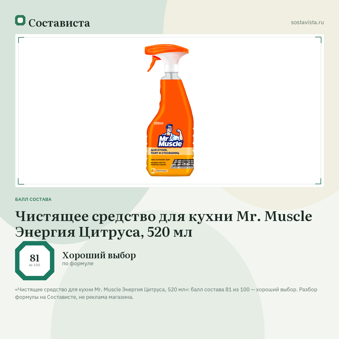 Чистящее средство для кухни Mr. Muscle Энергия Цитруса, 520 мл: балл состава 81 из 100 — Состависта