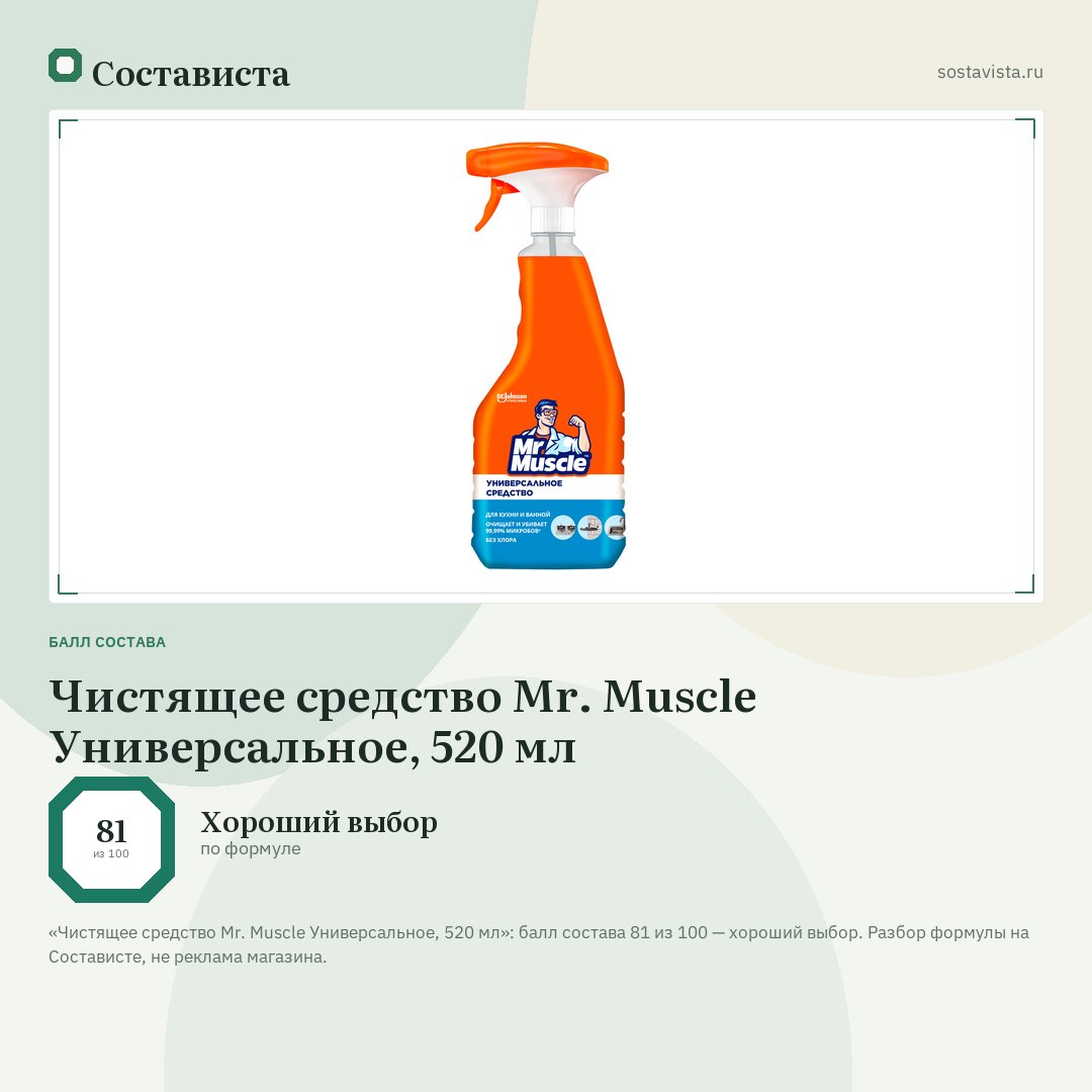 Чистящее средство Mr. Muscle Универсальное, 520 мл: балл состава 81 из 100 — Состависта