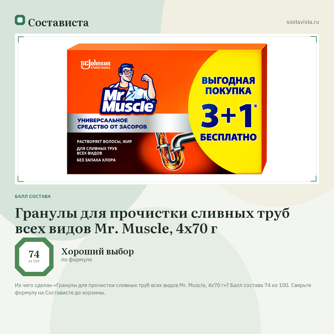 Гранулы для прочистки сливных труб всех видов Mr. Muscle, 4х70 г: балл состава 74 из 100 — Состависта